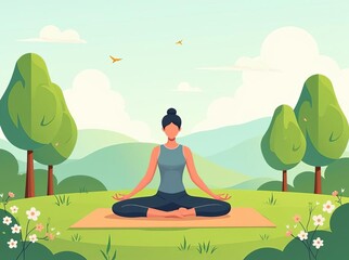 Woman Meditating Outdoors Nature: Serene Yoga Practice in Tranquil Landscape for Mental Wellness and Relaxation