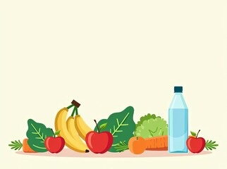 Healthy Food and Drink Illustration: Nutritious Fresh Fruits, Vegetables, and Hydration for Balanced Diet and Wellness Lifestyle