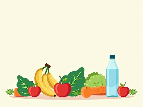 Healthy Food and Drink Illustration: Nutritious Fresh Fruits, Vegetables, and Hydration for Balanced Diet and Wellness Lifestyle
