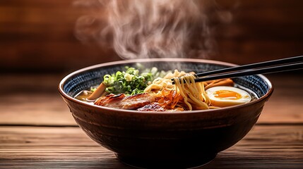 A steaming bowl of ramen noodles with chopsticks lifting a strand of noodles, garnished with pork, egg, and green onions.