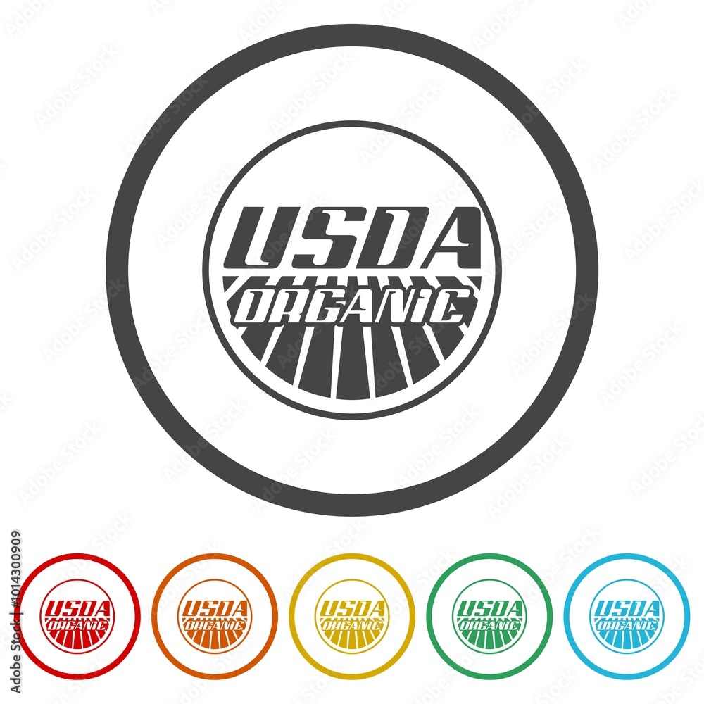 Poster Symbol USDA for organic food. Set icons in color circle buttons