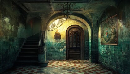 Fototapeta premium A vintage, abandoned hallway with peeling green walls, a wooden staircase, a wooden door with a stained glass window, and a framed picture on the wall.