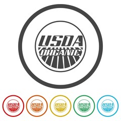 Symbol USDA for organic food. Set icons in color circle buttons