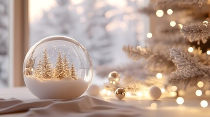 Minimalist 3D render of a holiday scene with a snow globe white gold decor soft lights