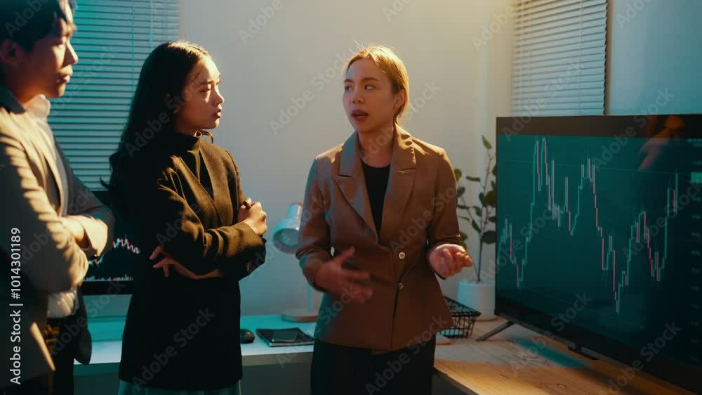 Poster businesswoman is giving a presentation about the stock market to her colleagues in an office setting