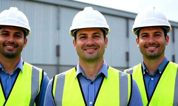 three company employees wearing white helmets and safety vests smiled while near a factory
