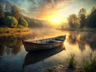 Fototapeta premium A classic wooden boat glides gently on a tranquil river, surrounded by warm reflections, capturing the essence of serene nature in stunning photography.