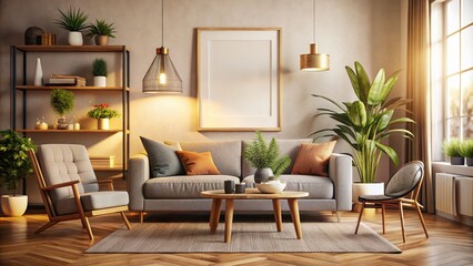Aesthetic Living Room Frame Mockup Poster Template with Tilt-Shift Photography Effect for Home Decor Designs
