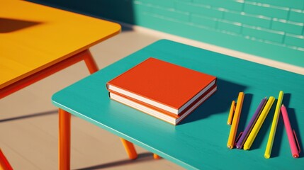 A vibrant scene featuring colorful tables with a stacked orange notebook and colorful pens, highlighting a creative workspace.