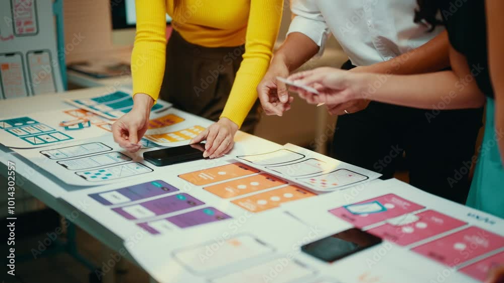 Poster designers review a mobile application design, arranging screens on a table for discussion. collabora