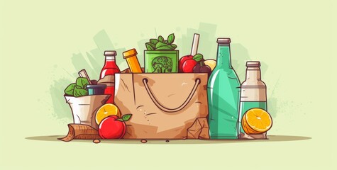 Flat vector illustration featuring items for sustainable living, including glass bottles and plastic straws, alongside an organic paper bag adorned