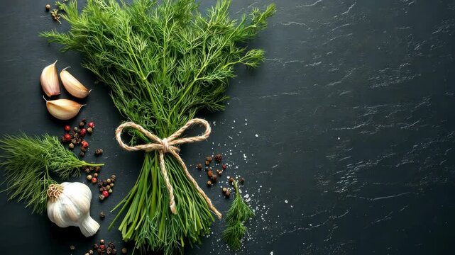 A bundle of fresh dill tied with twine sits on a black surface with garlic and peppercorns