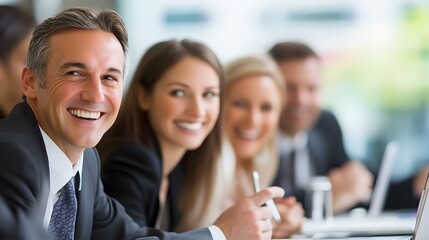 Fototapeta premium Portrait of a Smiling Businessman with Colleagues in the Background