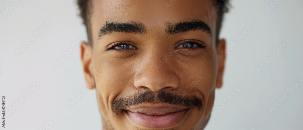 Wall mural close-up of a young mixed-race man with a broad smile, looking at the camera