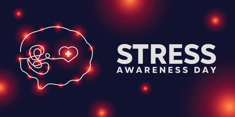 National Stress Awareness Day. Brain, lights and heart. Great for cards, banners, posters, social media and more. Dark background. 