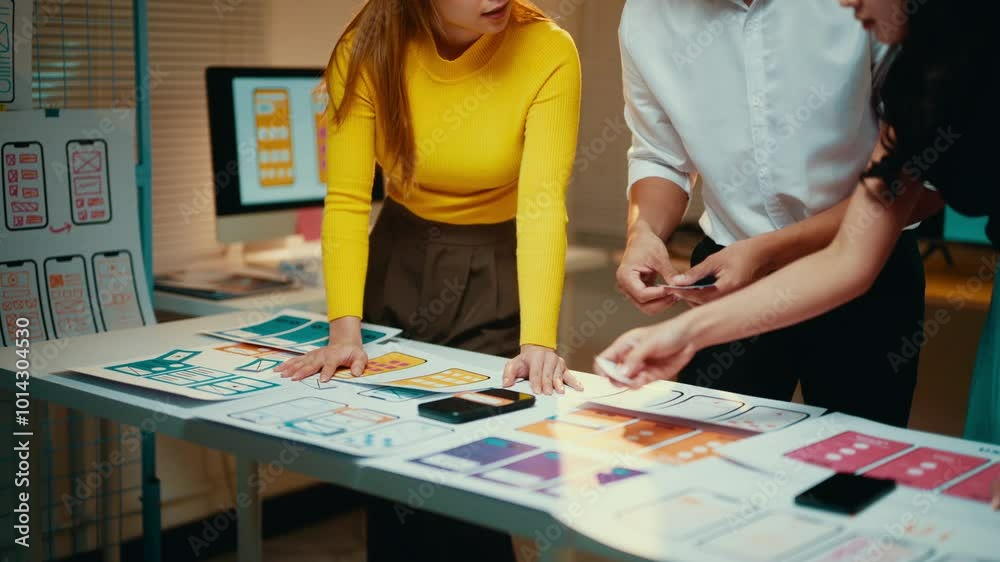 Poster Design team collaborating on mobile app interfaces in a tech office, arranging and discussing layouts on a table with digital mockups
