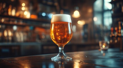A beautifully captured glass of beer on the bar counter, presented in a front view with cinematic lighting and a blurred background.