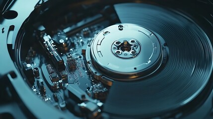 Close-up of a hard drive platter spinning inside its casing, revealing intricate circuitry and mechanical components.