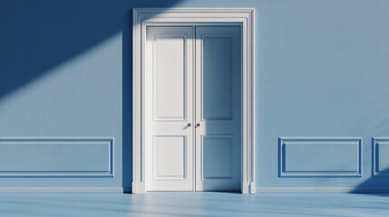 A modern white door in a bright blue room with natural light streaming in from the side