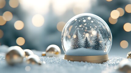 White and gold ornaments shining around an empty snow globe holiday scene