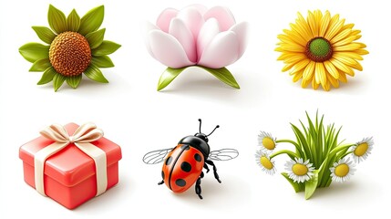 Six 3D icons of spring objects, including a flower, a sunflower, a daisy, a ladybug, a present, and grass, on a white background.