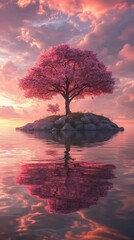 Solitary cherry blossom tree on small island at sunset, tranquil nature scene. Peace and serenity concept