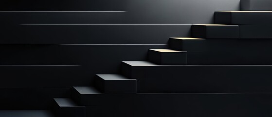 Abstract staircase design featuring sleek black steps and dramatic lighting for a modern aesthetic.