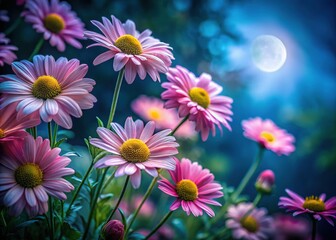 Fototapeta premium Night Photography of Pink Chamomile Amidst Lush Greenery - Vibrant Floral Nature Scene
