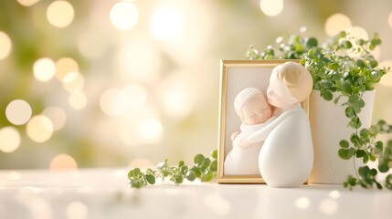 A serene scene featuring a figurine of a mother holding her baby beside a framed photo, surrounded by greenery and a soft, dreamy background.