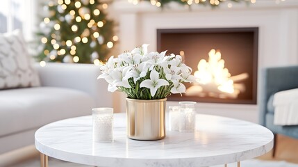 Fototapeta premium A cozy living room scene featuring a marble coffee table, white flowers in a gold pot, candles, and a fireplace with a decorated Christmas tree in the background.