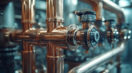 Copper Piping System with a Valve and a Close-up Detail