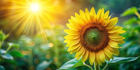 Fototapeta premium A Single Sunflower Facing the Sun's Golden Rays, Its Petals Glowing with Warmth and Life