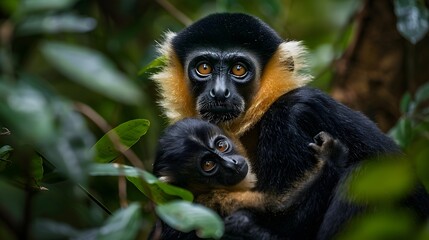 Obraz premium Yellow-Cheeked Gibbon Monkey Posing Against a Blurred Natural Background for Wildlife and Conservation Themes