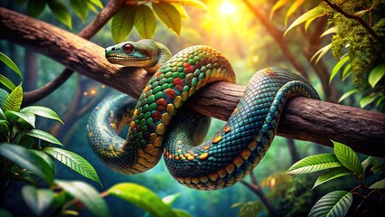 Obraz premium Snake on Tree - Vibrant Jungle Illustration with High Depth of Field