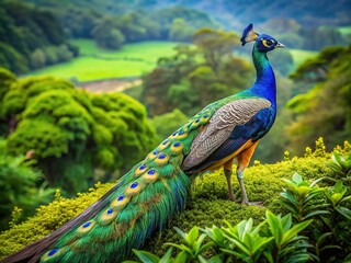 Obraz premium Stunning Aerial View of a Vibrant Peacock Displaying Its Colorful Feathers in Nature