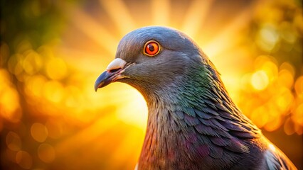 A close-up of a bird's head with bright orange eyes, bathed in the warm glow of a golden sunset, surrounded by blurred bokeh circles of light