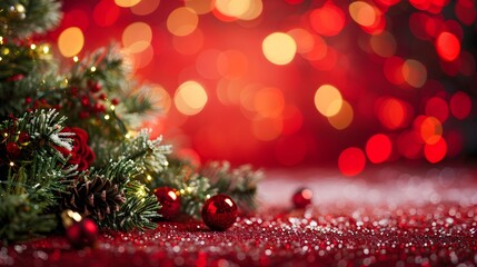 Magical Christmas Background Featuring a Sparkling Bokeh Red Backdrop with a Festive X-Mas Tree