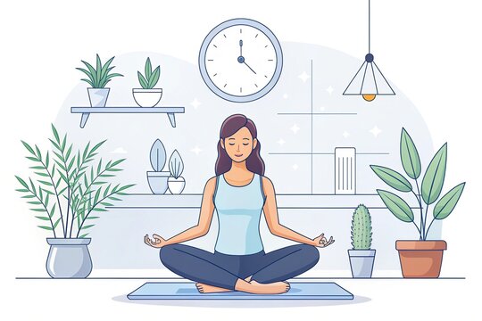 woman meditating indoors, blue tones, line art clip art preview
