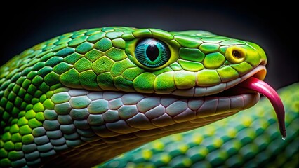 Fototapeta premium A Vivid Green Snake With a Flicking Tongue and Sharp Eyes, A Close-Up Study of Scale and Form