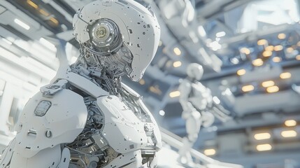 Fototapeta premium Futuristic Robot Assisting Humans in Space Colony - Advanced AI Technology Concept Art