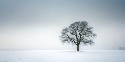 A lone tree stands tall against a backdrop of white snow and a hazy sky, a stark silhouette against the winter landscape.