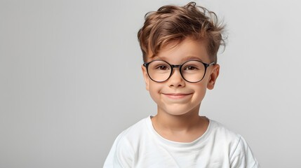 Clever Kid in White T-Shirt and Glasses with Copy Space Background for Learning and Creativity