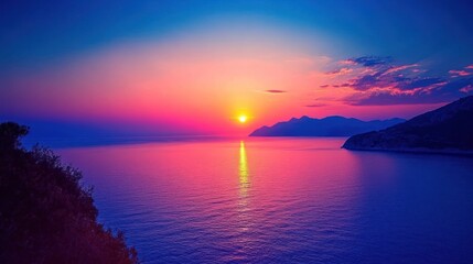 Fototapeta premium Sunset over Ocean with Mountains