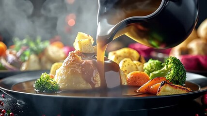 A steaming plate of food with gravy being poured over it.  The food includes roasted potatoes, carrots, broccoli, and a large puff pastry.