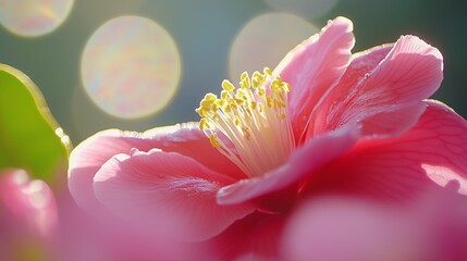 Fototapeta premium Camellia flower beauty pink petal closeup blurred background