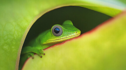 Fototapeta premium A small green anole blending into a leaf