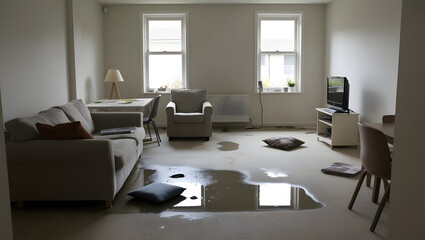 modern home living room flood flooding water leakage leak incident accident furniture wet damaged insurance overflow storm heavy rain damage destroy destruction natural disaster