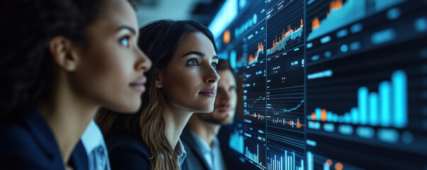 A corporate team with determined expressions, Focused professionals analyzing data on screens with graphs and charts, reflecting teamwork and technology in a modern workspace.