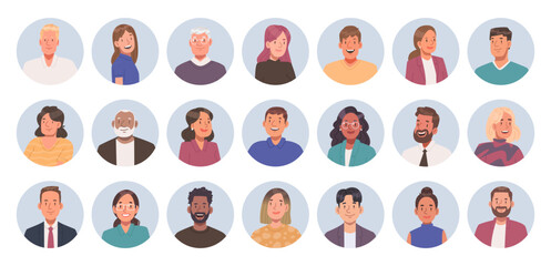 Collection of business men and women avatars in a circle. Set of portraits of male and female of different ages and races. Vector illustration