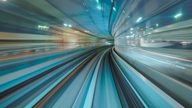 Hyperlapse timelapse of automated train in Tokyo, Japan futuristic transportation technology concept
